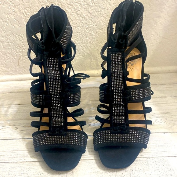 New-Vince Camuto Lace Up Black with Blackened Silver Studs Stilettos. - Picture 4 of 11